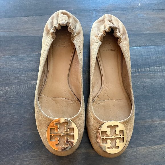 TORY BURCH Suede Tan Reva Flat size 8.5 GUC - Picture 2 of 9